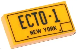 Bright Light Orange Tile 1 x 2 with 'ECTO-1' and 'NEW YORK' Pattern