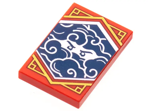 Red Tile 2 x 3 with White Stern Eyes and Clouds on Dark Blue Background with Gold Trim Pattern (Ninj