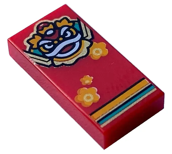 Red Tile 1 x 2 with Bright Light Orange, White, Dark Turquoise and Gold Lion / Nian Head, Flowers an