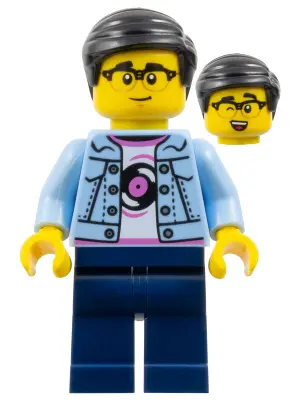Man - Bright Light Blue Denim Jacket over Shirt with Record, Dark Blue Legs, Black Hair, Glasses