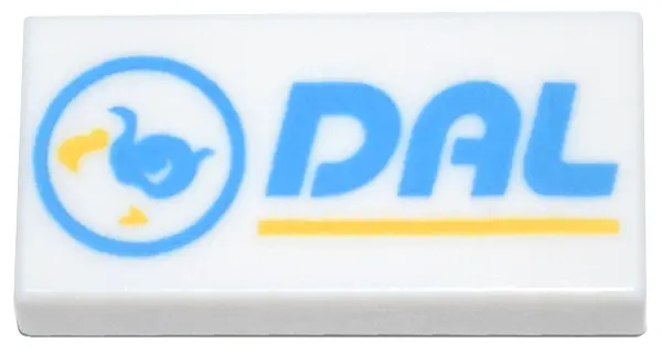 White Tile 1 x 2 with Dark Azure and Yellow Circle, Bird, and 'DAL' Pattern (Animal Crossing Dodo Ai