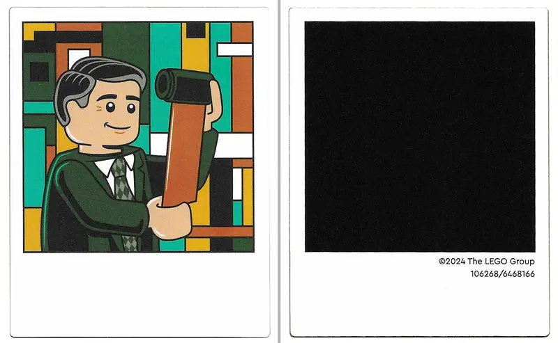 White Plastic Polaroid Photo with Minifigure with Dark Green Suit, Checkered Tie, and Black Hair, Fi