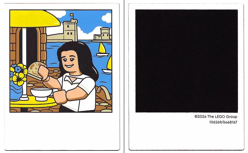 White Plastic Polaroid Photo with Minifigure with White Shirt and Black Hair, Outdoor Cafe, Water, a