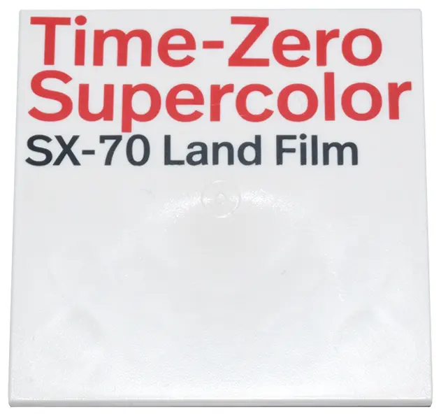White Tile 6 x 6 with Bottom Tubes with Red 'Time-Zero Supercolor' and Black 'SX-70 Land Film' Patte