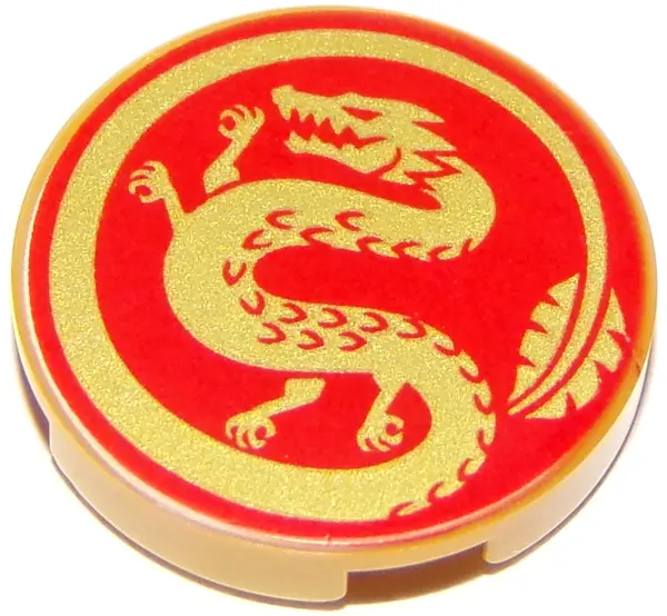 Pearl Gold Tile, Round 2 x 2 with Bottom Stud Holder with Gold Dragon on Red Background Pattern