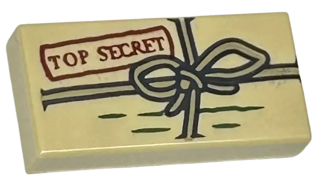 Tan Tile 1 x 2 with Package with Dark Red 'TOP SECRET' Stamp, Dark Green Lines and Dark Tan String w