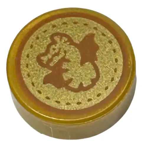 Pearl Gold Tile, Round 1 x 1 with Dark Orange Dragon and Dotted Circle on Gold Background Pattern (H