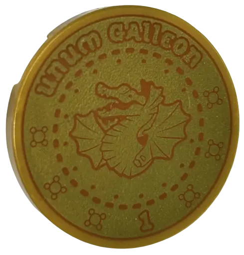 Pearl Gold Tile, Round 3 x 3 with Dark Orange Dragon, 'Unum Galleon', Number 1 and Dashed Circles Pa