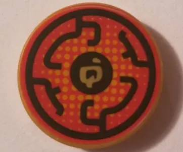 Pearl Gold Tile, Round 2 x 2 with Bottom Stud Holder with Black Circular Lines on Red Background Pat