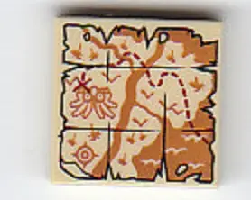Tan Tile 2 x 2 with Map River, Mountains, Waves and Red 'X' Pattern