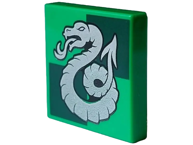 Bright Green Tile 2 x 2 with Silver Slytherin Crest on Dark Green Squares Pattern