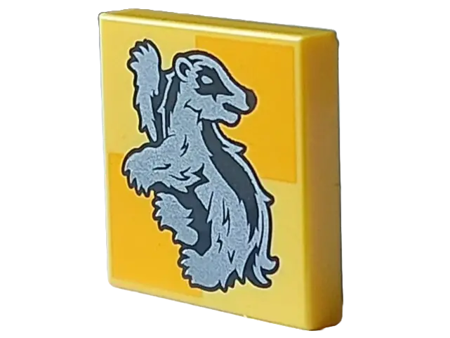 Yellow Tile 2 x 2 with Silver Hufflepuff Crest on Bright Light Orange Squares Pattern