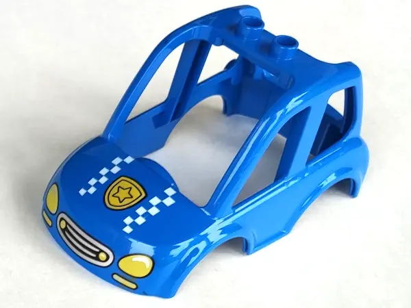 Blue Duplo Car Body High Cab 2 Top Studs with Yellow Headlights, Police Badge, White Checkered Strip