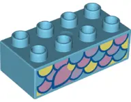 Medium Azure Duplo, Brick 2 x 4 with Bright Light Yellow, Bright Pink, and Lavender Fish Scales and 