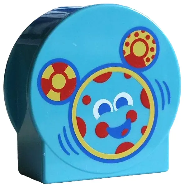Medium Azure Duplo, Brick 1 x 2 x 2 Round Top, Cut Away Sides with Mouse Face, Red and Yellow Circle