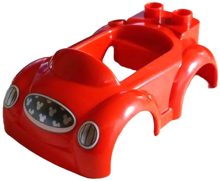 Red Duplo Car Body with 2 Studs on Back, Small Windshield and Hitch with Silver Headlights and Dark 