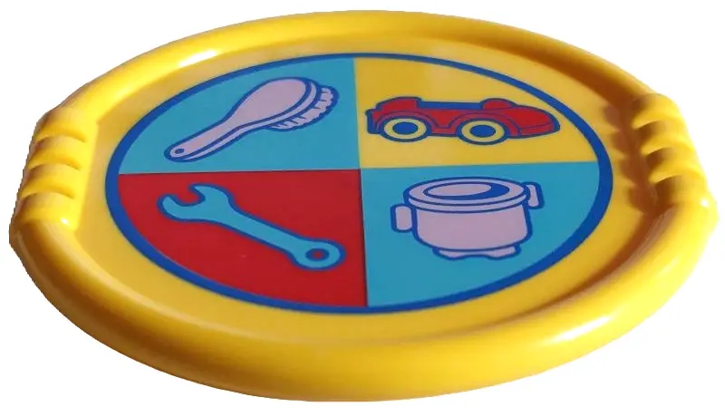 Yellow Duplo Utensil Disk with Blue Circle, Lavender Brush and Kettle, Red Car and Medium Azure Wren