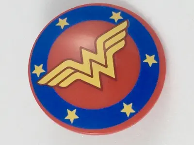 Red Minifigure, Shield Circular / Round Convex Face with Blue Border with Bright Light Orange Stars 
