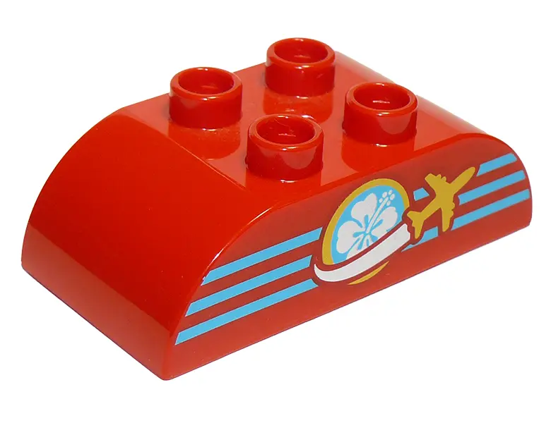 Red Duplo, Brick 2 x 4 Slope Curved Double with Yellow Airplane, Medium Azure Stripes, and White Flo