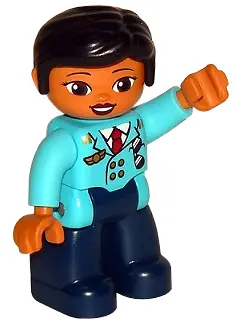 Duplo Figure Lego Ville, Female Pilot, Dark Blue Legs, Medium Azure Top with Red Tie, Black Hair (62