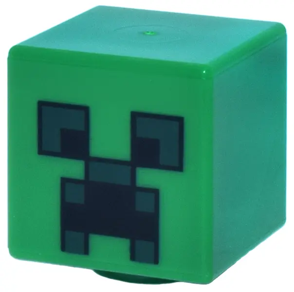 Green Minifigure, Head, Modified Cube with Pixelated Black and Dark Green Eyes and Open Mouth Frown 