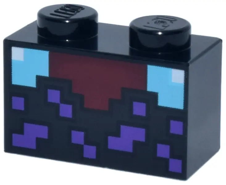 Brick 1 x 2 with Minecraft Pixelated Enchanting Table, Dark Red, Medium Azure and White with Dark Pu