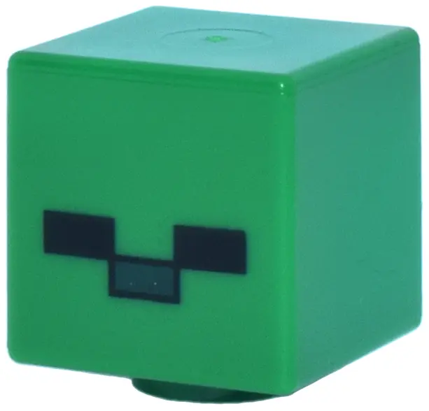 Minifigure, Head, Modified Cube with Pixelated Black Eyes and Dark Green Nose Pattern (Minecraft Zom