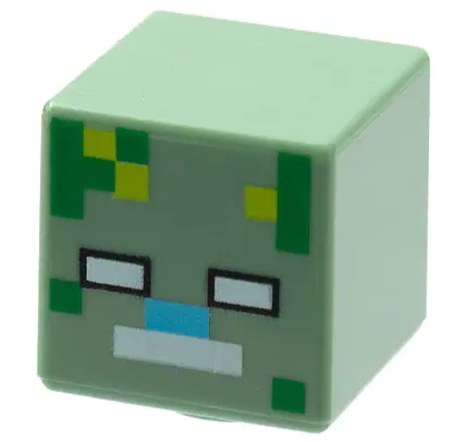 Green Minifigure, Head, Modified Cube with Pixelated White Eyes and Mouth, Medium Azure Nose, and Gr
