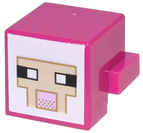 Magenta Creature Head Pixelated with Black and White Eyes, Bright Pink Nose, Tan Face with Dark Tan 