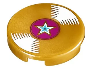Pearl Gold Tile, Round 2 x 2 with Bottom Stud Holder with Vinyl Record with Magenta Center and Star 