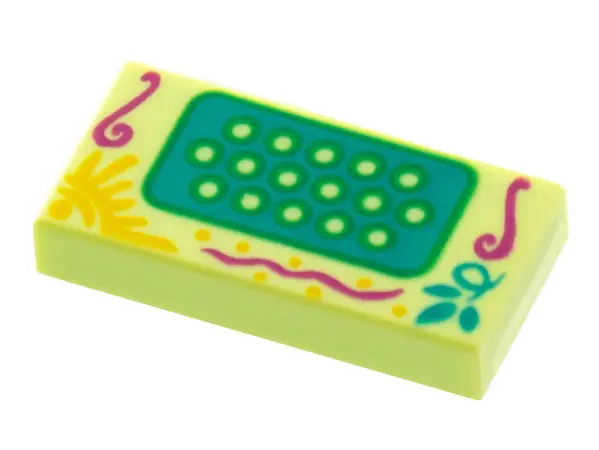 Yellowish Green Tile 1 x 2 with Accordion Keys on Dark Turquoise Panel, Magenta Filigree, Sun, Leave