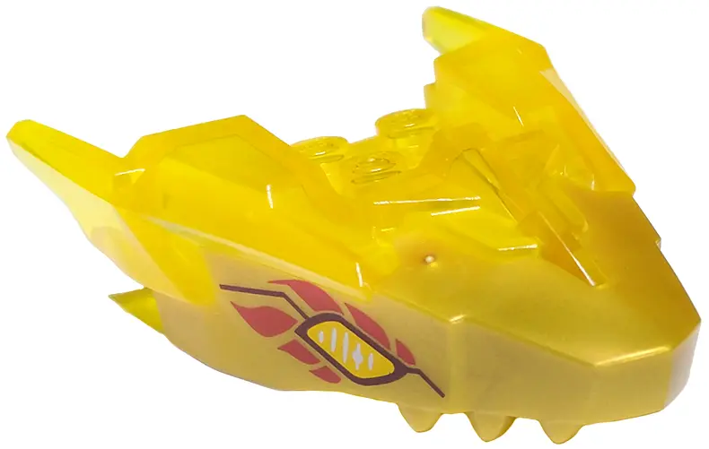 Trans-Yellow Dragon Head (Ninjago) Jaw Upper with Horns with Molded Pearl Gold Face and Printed Brig