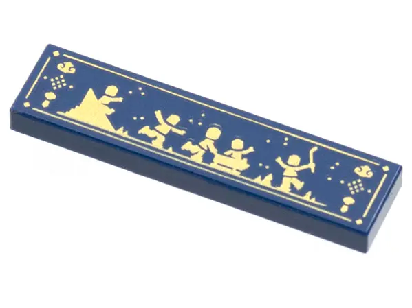 Dark Blue Tile 1 x 4 with Gold People Playing on Ice, Sliding, Sledding, Hockey Pattern
