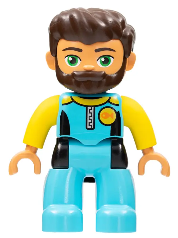 Duplo Figure Lego Ville, Male, Medium Azure Diving Suit, Yellow Arms, Dark Brown Hair, Beard (626427