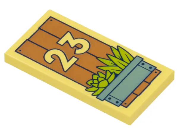 Bright Light Yellow Tile 2 x 4 with Medium Nougat Boards, '23', Metallic Light Blue Planter, and Lim