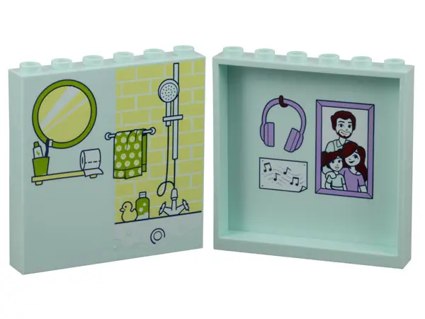 Light Aqua Panel 1 x 6 x 5 with Bathroom Mirror and Shower on Outside, Family Portrait and Headphone