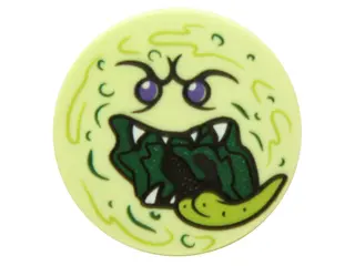 Yellowish Green Tile, Round 2 x 2 with Bottom Stud Holder with Ghost Face with Dark Purple Eyes, Dar