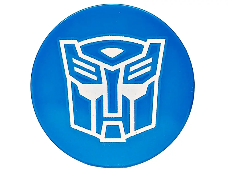 Blue Tile, Round 2 x 2 with Bottom Stud Holder with White Robot Mask Transformers Autobot Symbol Pat
