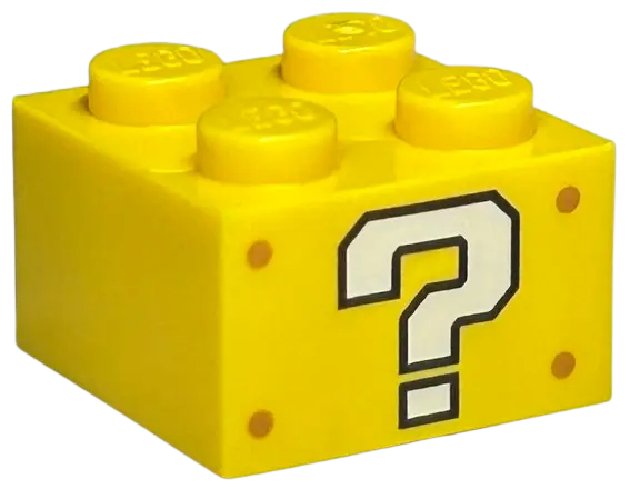 Yellow Brick 2 x 2 with White Question Mark and Medium Nougat Rivets Pattern on Opposite Sides (Supe