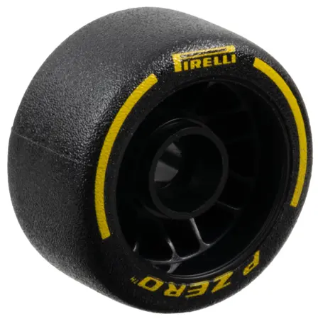 Black Wheel 24 x 13.4 with Pin Hole with Molded Black Hard Rubber Tire and Printed Yellow 'PIRELLI',