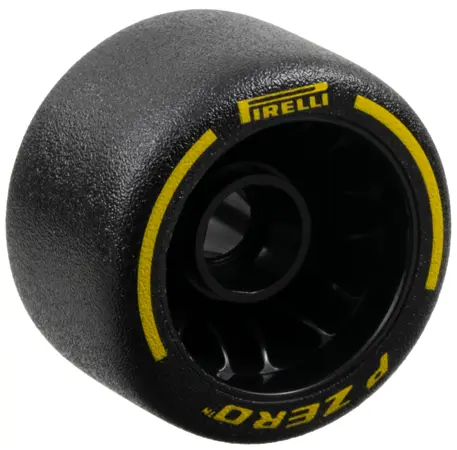 Black Wheel 24 x 14.9 with Pin Hole with Molded Black Hard Rubber Tire and Printed Yellow 'PIRELLI',