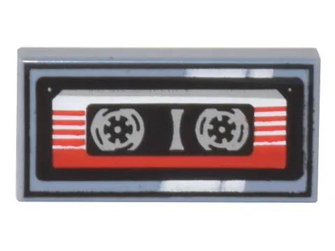 Sand Blue Tile 1 x 2 with Cassette Tape with Red and White Striped Label and Black Frame Pattern