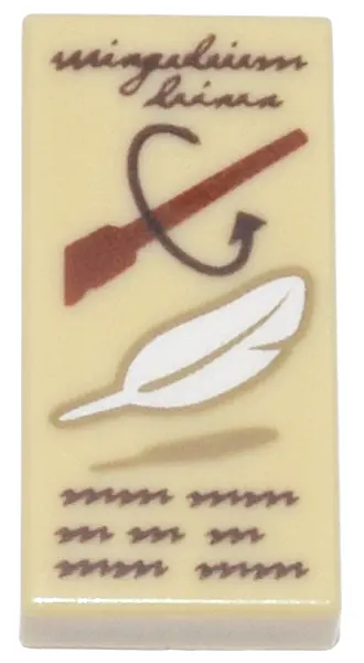 Tan Tile 1 x 2 with Dark Brown Script 'wingardium leviosa' and Scribbles, Reddish Brown Wand, White 