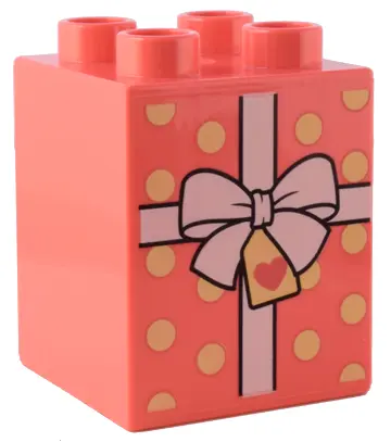 Coral Duplo, Brick 2 x 2 x 2 with Present / Gift with White Ribbon with Bow and Bright Light Yellow 