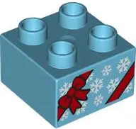 Medium Azure Duplo, Brick 2 x 2 with Present / Gift with Red Ribbon with Bow and White Snowflakes Pa