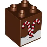 Reddish Brown Duplo, Brick 2 x 2 x 2 with 2 White and Red Striped Candy Canes in Snow Pattern