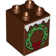 Reddish Brown Duplo, Brick 2 x 2 x 2 with White Snow and Green Christmas Wreath with Red Balls and B