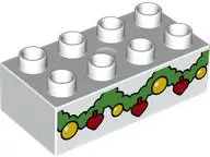 White Duplo, Brick 2 x 4 with Green Christmas Garland with Yellow Balls and Red Hearts Pattern