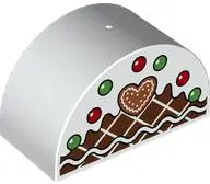 White Duplo, Brick 2 x 4 x 2 Slope Curved Double with Gingerbread Heart and Green and Red Balls Patt