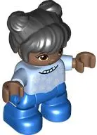 Duplo Figure Lego Ville, Child Girl, Blue Legs, Bright Light Blue Top with White Snowflakes, Reddish